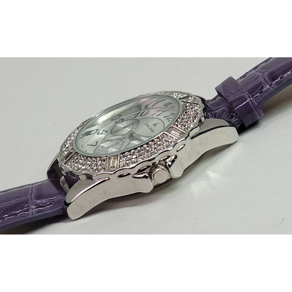Louis Arden LA7258 Wrist Watch Purple Leather Band Crystal Bezel Japan Works! - Picture 8 of 16